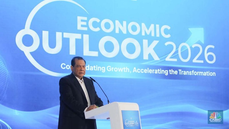 Chairman & Founder CT Corp, Chairul Tanjung saat menyampaikan sambutan dalam acara Economic Outlook 2026 dengan tema 