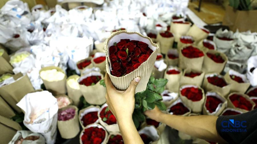 Pekerja menyelesaikan pengikatan bunga mawar di Pasar Rawa Belong, Jakarta, Kamis (12/2/2026). Permintaan bunga mawar mengalami peningkatan drastis menjelang perayaan hari Valentine pada 14 Februari 2026. (CNBC Indonesia/Tri Susilo)