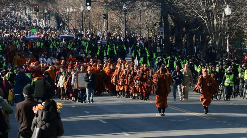 A group of Buddhist monks on the 2,300 mile &ldquo;Walk for Peace&rdquo; walk along Massachusetts Avenue at Embassy Row, in Washington, D.C., U.S, February 10, 2026. REUTERS/Evelyn Hockstein     TPX IMAGES OF THE DAY