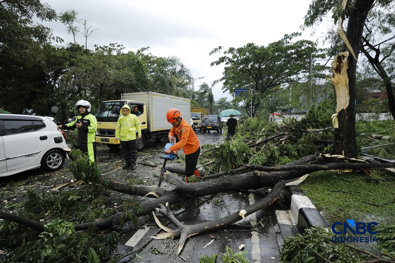Hujan disertai angin puting beliung melanda Kabupaten Bogor, Jawa Barat, Kamis  (12/2/2026) sore. (CNBC Indonesia/Tri Susilo)