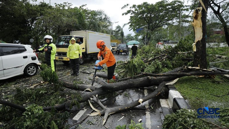 Hujan disertai angin puting beliung melanda Kabupaten Bogor, Jawa Barat, Kamis  (12/2/2026) sore. (CNBC Indonesia/Tri Susilo)