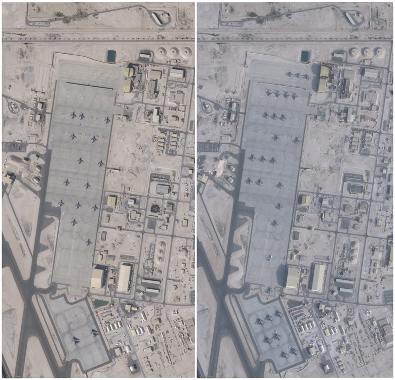 Gabungan citra satelit menunjukkan peningkatan jumlah pesawat di Pangkalan Udara Al-Udeid, dekat Doha, Qatar, jika dibandingkan antara tanggal 17 Januari 2026 dan 1 Februari 2026. 2026 PLANET LABS PBC/Handout via REUTERS