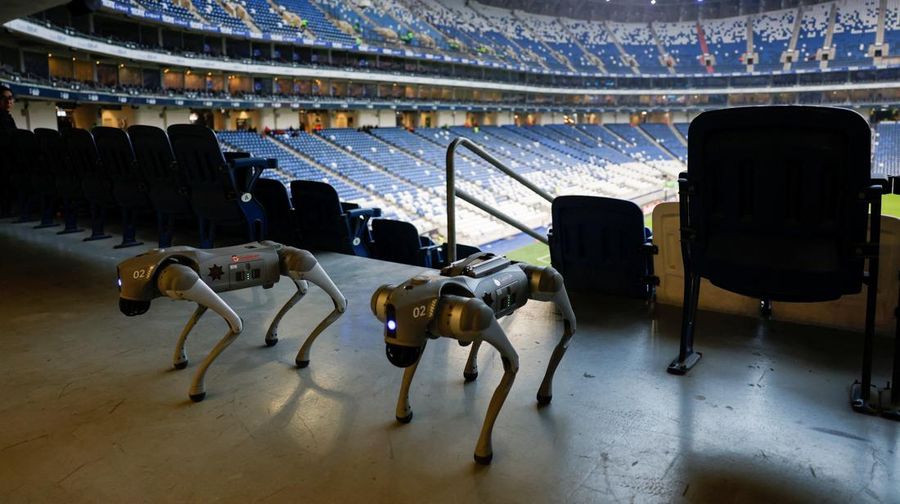 New K9-X robotic dog units during a demonstration of operations to media at BBVA stadium, a 2026 FIFA World Cup venue, ahead of deployment for surveillance, monitoring and initial entry into risk areas as part of Guadalupe’s new security program, i