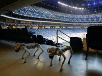 New K9-X robotic dog units during a demonstration of operations to media at BBVA stadium, a 2026 FIFA World Cup venue, ahead of deployment for surveillance, monitoring and initial entry into risk areas as part of Guadalupe’s new security program, i