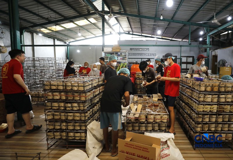 Menjelang perayaan Tahun Baru Imlek yang jatuh pada 17 Februari 2025, aktivitas produksi kue keranjang meningkat di Pabrik Kue Hoki, kawasan Sawangan, Depok, Jawa Barat, Jumat (13/02/2025). (CNBC Indonesia/Tri Susilo)