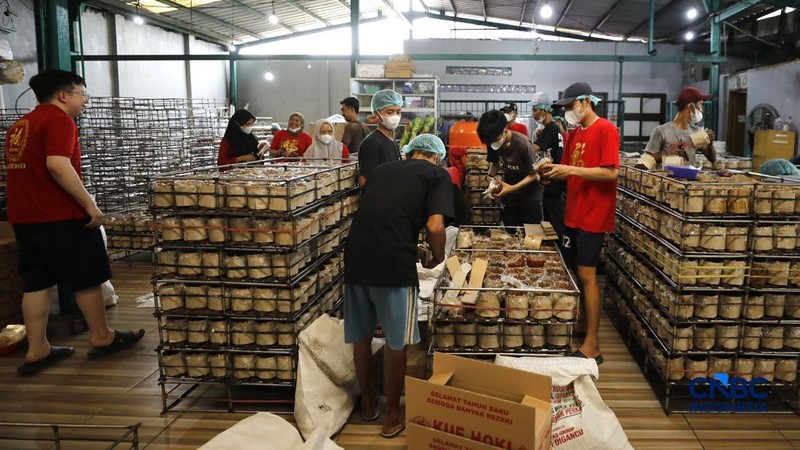 Menjelang perayaan Tahun Baru Imlek yang jatuh pada 17 Februari 2025, aktivitas produksi kue keranjang meningkat di Pabrik Kue Hoki, kawasan Sawangan, Depok, Jawa Barat, Jumat (13/02/2025). (CNBC Indonesia/Tri Susilo)