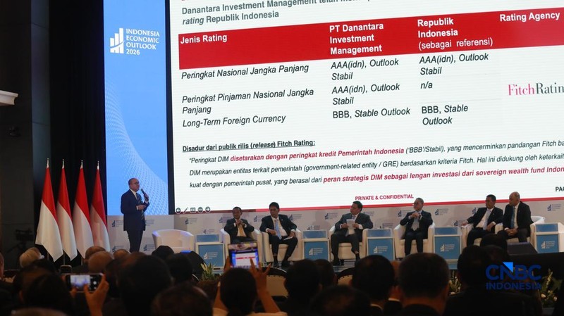 Presiden Prabowo Subianto menyampaikan sambutan dalam Indonesia Economic Outlook 2026 di Gedung Danantara, Jakarta, Jumat (13/2/2026). (CNBC Indonesia/Muhammad Sabki)