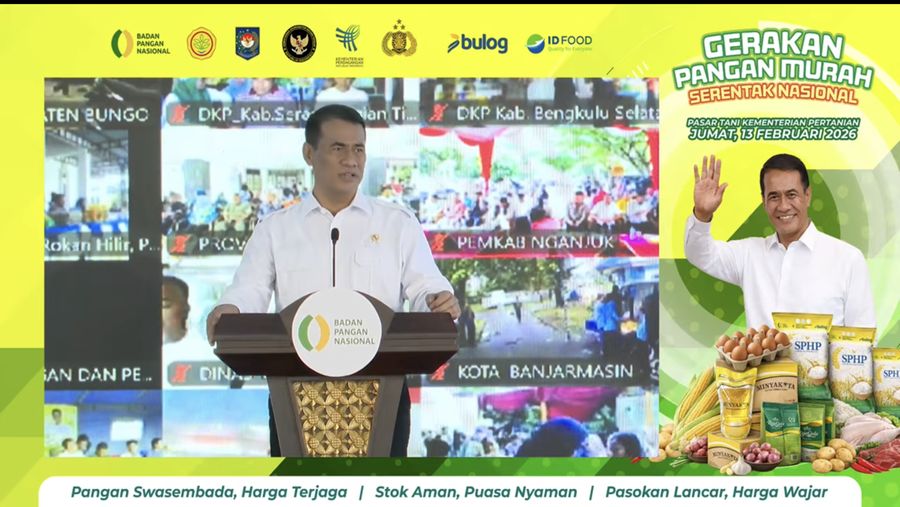 Tangkapan layar dari YouTube resmi Bapanas, Menteri Pertanian/Kepala Badan Pangan Nasional (Bapanas) Amran Sulaiman dalam acara Launching Gerakan Pangan Murah (GPM) Serentak Nasional, Jumat (13/2/2026). (Tangkapan Layar)