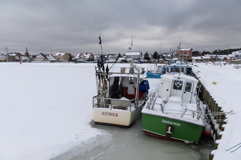 A drone view of the frozen Puck Bay and the harbour in Jastarnia, Poland, February 14, 2026. REUTERS/Lukasz Glowala