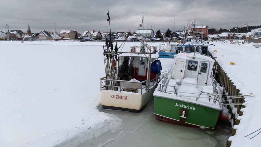 A drone view of the frozen Puck Bay and the harbour in Jastarnia, Poland, February 14, 2026. REUTERS/Lukasz Glowala