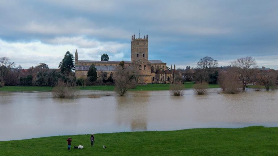 A drone view shows floodwater from the rivers Avon and Severn surrounding Tewkesbury Abbey following a long period of rain in Tewkesbury, Britain, February 16, 2026 REUTERS/Phil Noble