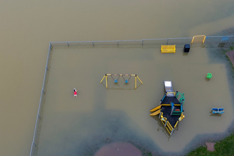 A drone view shows floodwater from the rivers Avon and Severn surrounding Tewkesbury Abbey following a long period of rain in Tewkesbury, Britain, February 16, 2026 REUTERS/Phil Noble