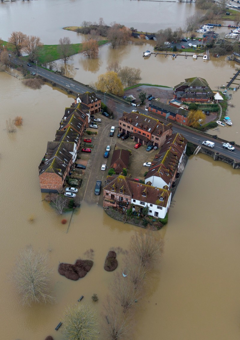 A drone view shows floodwater from the rivers Avon and Severn surrounding Tewkesbury Abbey following a long period of rain in Tewkesbury, Britain, February 16, 2026 REUTERS/Phil Noble