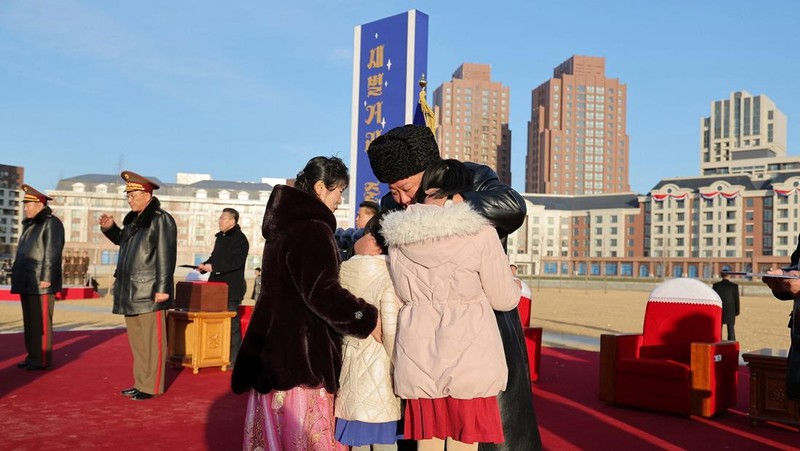 North Korean leader Kim Jong Un presides over the completion ceremony of a new housing district in Pyongyang for families of troops who died in overseas military operations, state media KCNA said, in this picture released by North Korea's official Korean Central News Agency, February 16, 2026.  KCNA via REUTERS    ATTENTION EDITORS - THIS IMAGE WAS PROVIDED BY A THIRD PARTY. REUTERS IS UNABLE TO INDEPENDENTLY VERIFY THIS IMAGE. NO THIRD PARTY SALES. SOUTH KOREA OUT. NO COMMERCIAL OR EDITORIAL SALES IN SOUTH KOREA.     TPX IMAGES OF THE DAY