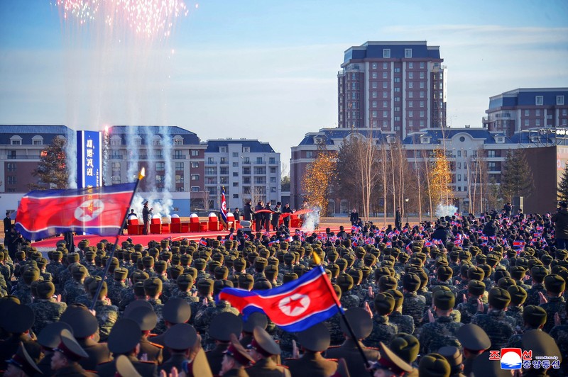 North Korean leader Kim Jong Un presides over the completion ceremony of a new housing district in Pyongyang for families of troops who died in overseas military operations, state media KCNA said, in this picture released by North Korea's official Korean Central News Agency, February 16, 2026.  KCNA via REUTERS    ATTENTION EDITORS - THIS IMAGE WAS PROVIDED BY A THIRD PARTY. REUTERS IS UNABLE TO INDEPENDENTLY VERIFY THIS IMAGE. NO THIRD PARTY SALES. SOUTH KOREA OUT. NO COMMERCIAL OR EDITORIAL SALES IN SOUTH KOREA.     TPX IMAGES OF THE DAY