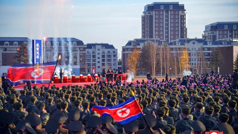 North Korean leader Kim Jong Un presides over the completion ceremony of a new housing district in Pyongyang for families of troops who died in overseas military operations, state media KCNA said, in this picture released by North Korea's official Korean Central News Agency, February 16, 2026.  KCNA via REUTERS    ATTENTION EDITORS - THIS IMAGE WAS PROVIDED BY A THIRD PARTY. REUTERS IS UNABLE TO INDEPENDENTLY VERIFY THIS IMAGE. NO THIRD PARTY SALES. SOUTH KOREA OUT. NO COMMERCIAL OR EDITORIAL SALES IN SOUTH KOREA.     TPX IMAGES OF THE DAY