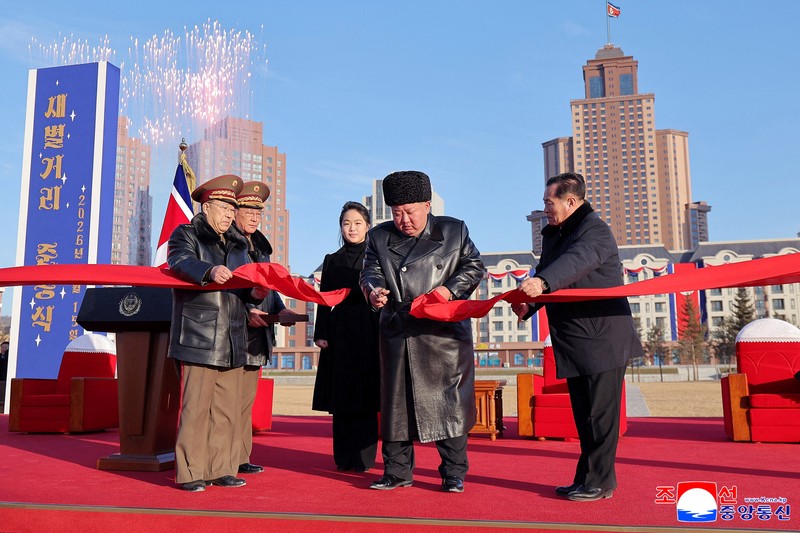 North Korean leader Kim Jong Un presides over the completion ceremony of a new housing district in Pyongyang for families of troops who died in overseas military operations, state media KCNA said, in this picture released by North Korea's official Korean Central News Agency, February 16, 2026.  KCNA via REUTERS    ATTENTION EDITORS - THIS IMAGE WAS PROVIDED BY A THIRD PARTY. REUTERS IS UNABLE TO INDEPENDENTLY VERIFY THIS IMAGE. NO THIRD PARTY SALES. SOUTH KOREA OUT. NO COMMERCIAL OR EDITORIAL SALES IN SOUTH KOREA.     TPX IMAGES OF THE DAY