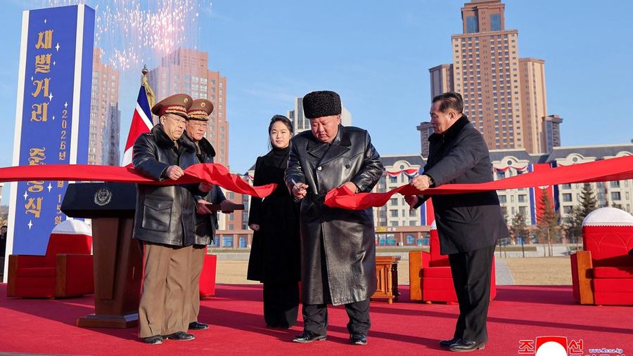 North Korean leader Kim Jong Un presides over the completion ceremony of a new housing district in Pyongyang for families of troops who died in overseas military operations, state media KCNA said, in this picture released by North Korea's official Korean Central News Agency, February 16, 2026.  KCNA via REUTERS    ATTENTION EDITORS - THIS IMAGE WAS PROVIDED BY A THIRD PARTY. REUTERS IS UNABLE TO INDEPENDENTLY VERIFY THIS IMAGE. NO THIRD PARTY SALES. SOUTH KOREA OUT. NO COMMERCIAL OR EDITORIAL SALES IN SOUTH KOREA.     TPX IMAGES OF THE DAY