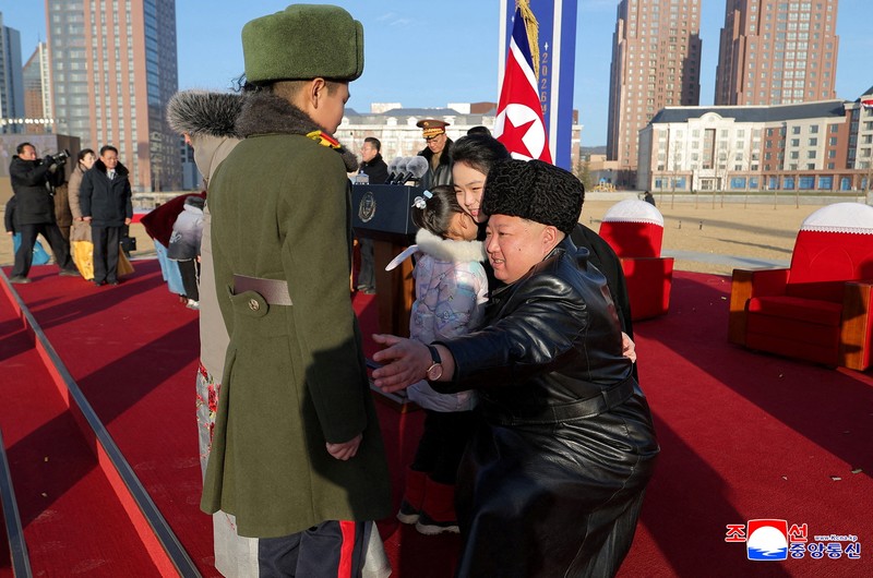 North Korean leader Kim Jong Un presides over the completion ceremony of a new housing district in Pyongyang for families of troops who died in overseas military operations, state media KCNA said, in this picture released by North Korea's official Korean Central News Agency, February 16, 2026.  KCNA via REUTERS    ATTENTION EDITORS - THIS IMAGE WAS PROVIDED BY A THIRD PARTY. REUTERS IS UNABLE TO INDEPENDENTLY VERIFY THIS IMAGE. NO THIRD PARTY SALES. SOUTH KOREA OUT. NO COMMERCIAL OR EDITORIAL SALES IN SOUTH KOREA.     TPX IMAGES OF THE DAY