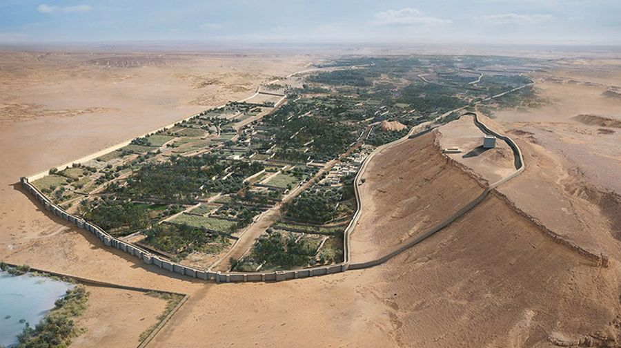 Rekonstruksi 3D situs Zaman Besi oasis bertembok di Dumat al-Jandal, Arab Saudi.