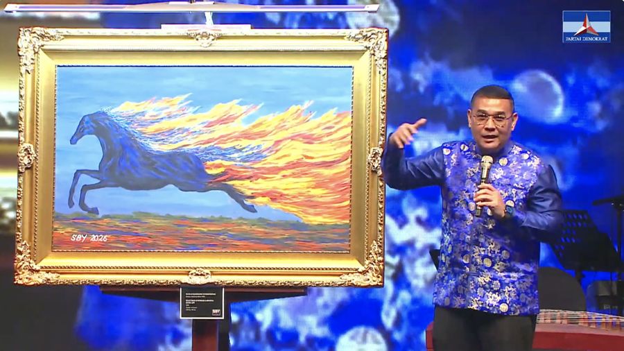 Lukisan kuda api karya Presiden RI ke-6 Susilo Bambang Yudhoyono ditampilkan dalam Perayaan Imlek Demokrat. (Tangkapan Layar Youtube/Partai Demokrat)