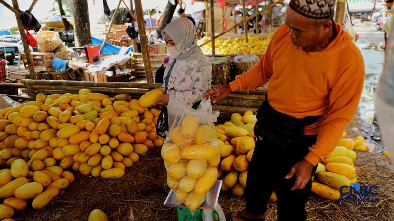 Pedagang timun suri di Pasar Induk Kramat Jati, Jakarta Timur ramai dikunjungi pembeli saat Ramadan, Jumat (27/2/2026). (CNBC Indonesia/Tri Susilo)