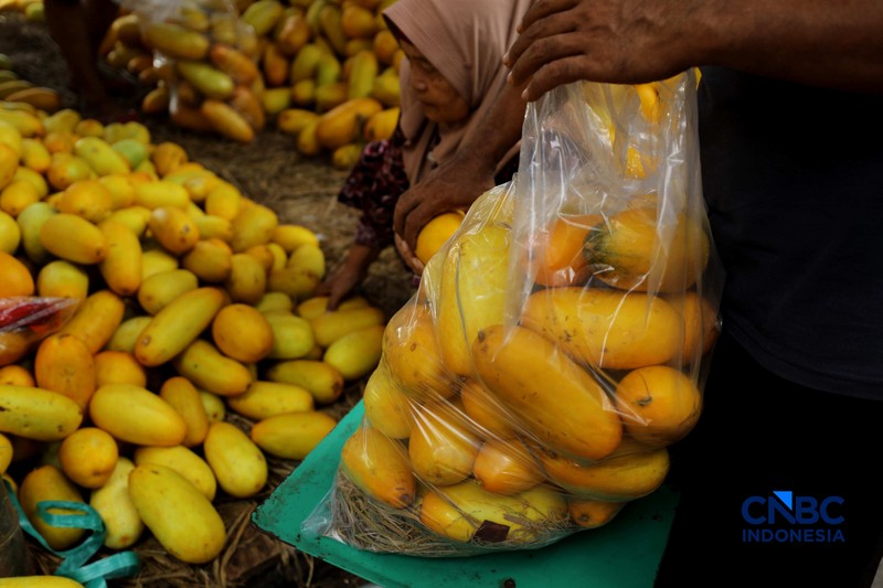 Pedagang timun suri di Pasar Induk Kramat Jati, Jakarta Timur ramai dikunjungi pembeli saat Ramadan, Jumat (27/2/2026). (CNBC Indonesia/Tri Susilo)