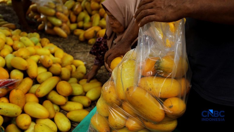 Pedagang timun suri di Pasar Induk Kramat Jati, Jakarta Timur ramai dikunjungi pembeli saat Ramadan, Jumat (27/2/2026). (CNBC Indonesia/Tri Susilo)