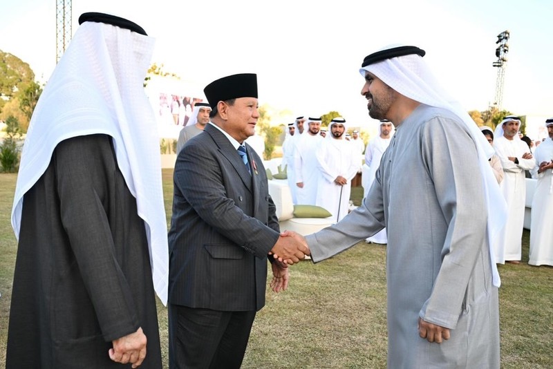 Presiden Uni Emirat Arab Sheikh Mohamed bin Zayed Al Nahyan bertemu dengan Presiden Prabowo Subianto di Abu Dhabi, Uni Emirat Arab, Kamis (26/2/2026). (UAE Presidential Court/Handout via REUTERS)