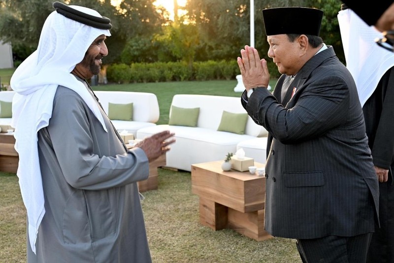 Presiden Uni Emirat Arab Sheikh Mohamed bin Zayed Al Nahyan bertemu dengan Presiden Prabowo Subianto di Abu Dhabi, Uni Emirat Arab, Kamis (26/2/2026). (UAE Presidential Court/Handout via REUTERS)