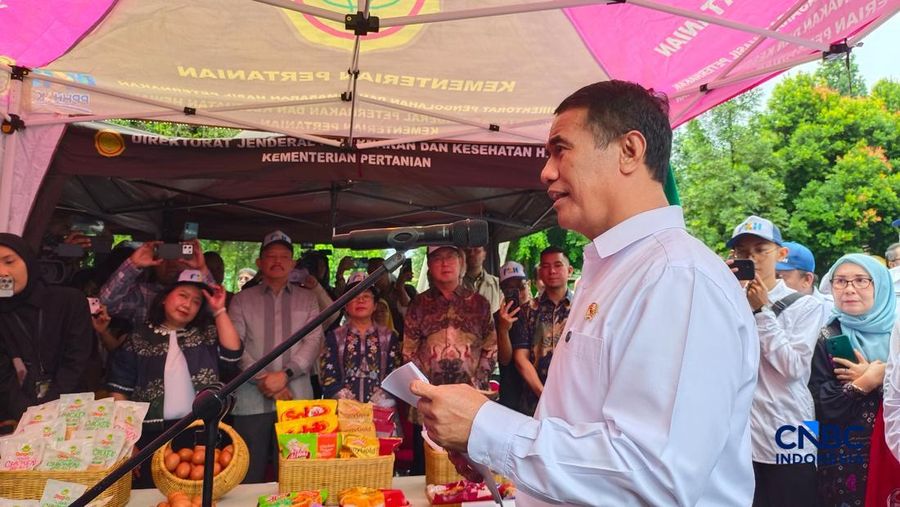 Menteri Pertanian (Mentan) Amran Sulaiman saat melepas ekspor unggas dan produk turunannya di Lapangan Parkir Kementan, Jakarta, Selasa (3/3/2026). (CNBC Indonesia/Martyasari Rizki)