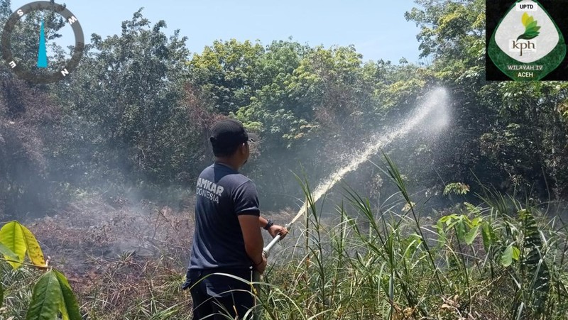 Personil pemadam kebakaran melakukan pemadaman api yang membakar lahan di Kecamatan Samatiga, Aceh Barat dengan penyemprotan air pada Rabu (9/3/2026). (Dok. BPBD Kabupaten Aceh Barat)