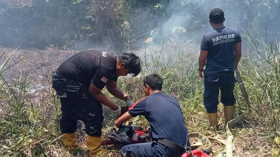 Personil pemadam kebakaran melakukan pemadaman api yang membakar lahan di Kecamatan Samatiga, Aceh Barat dengan penyemprotan air pada Rabu (9/3/2026). (Dok. BPBD Kabupaten Aceh Barat)