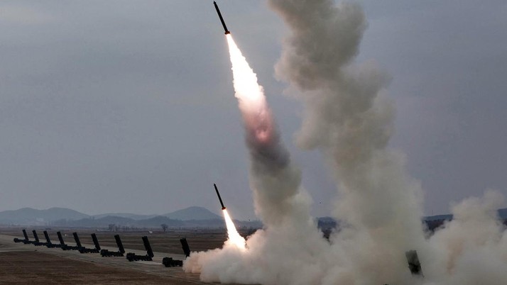 A test-launch of 600 mm-calibre multiple rocket launchers is overseen by North Korean leader Kim Jong Un (not pictured), North Korea, March 14, 2026, in this picture released by North Korea's official Korean Central News Agency.  KCNA via REUTERS
