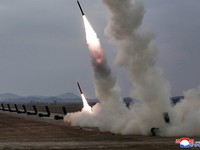 A test-launch of 600 mm-calibre multiple rocket launchers is overseen by North Korean leader Kim Jong Un (not pictured), North Korea, March 14, 2026, in this picture released by North Korea's official Korean Central News Agency.  KCNA via REUTERS