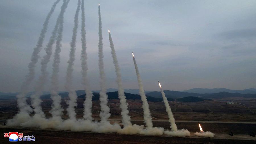 North Korean leader Kim Jong Un, accompanied by his daughter Kim Ju Ae, oversees the test-launch of 600 mm-calibre multiple rocket launchers, North Korea, March 14, 2026, in this picture released by North Korea's official Korean Central News Agency.  KCNA via REUTERS    ATTENTION EDITORS - THIS IMAGE WAS PROVIDED BY A THIRD PARTY. REUTERS IS UNABLE TO INDEPENDENTLY VERIFY THIS IMAGE. NO THIRD PARTY SALES. SOUTH KOREA OUT. NO COMMERCIAL OR EDITORIAL SALES IN SOUTH KOREA.