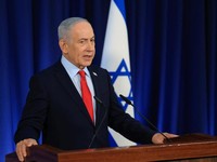 Perdana Menteri Israel Benjamin Netanyahu berbicara dalam konferensi pers, di tengah konflik AS-Israel dengan Iran, di Yerusalem, 19 Maret 2026. REUTERS/Ronen Zvulun/Pool