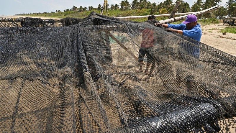 Para nelayan berdiri di dekat jaring ikan yang ternoda minyak akibat tumpahan minyak yang telah memengaruhi nelayan dan berbagai komunitas pesisir di Paylebot, negara bagian Tabasco, Meksiko, 22 Maret 2026. (REUTERS/Luis Manuel Lopez)