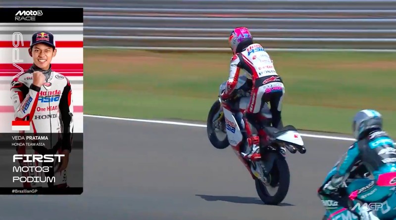 Pembalap Indonesia Veda Ega Pratama kembali cetak sejarah dengan meraih podium ketiga pada balapan Moto3 Brasil 2026 di Sirkuit Ayrton Senna, Minggu (22/3/2026). (Dok. MotoGP)