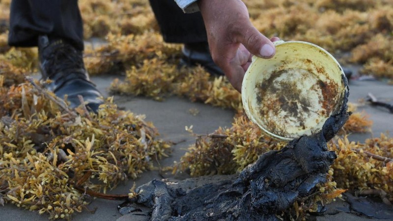 Para nelayan berdiri di dekat jaring ikan yang ternoda minyak akibat tumpahan minyak yang telah memengaruhi nelayan dan berbagai komunitas pesisir di Paylebot, negara bagian Tabasco, Meksiko, 22 Maret 2026. (REUTERS/Luis Manuel Lopez)