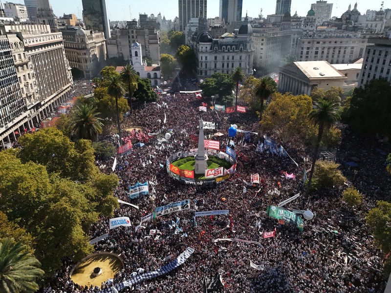 A drone view shows people participating in a demonstration to mark the 50th anniversary of the 1976 military coup, at Plaza de Mayo square in Buenos Aires, Argentina March 24, 2026. REUTERS/Agustin Marcarian