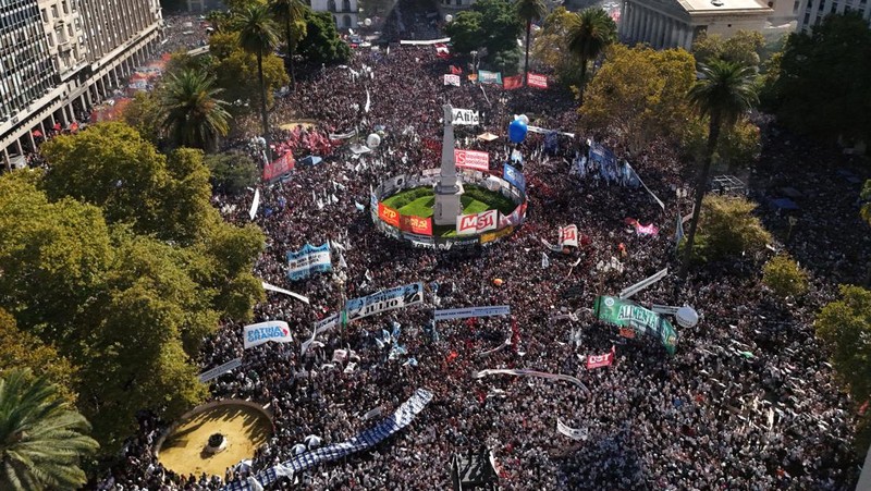 A drone view shows people participating in a demonstration to mark the 50th anniversary of the 1976 military coup, at Plaza de Mayo square in Buenos Aires, Argentina March 24, 2026. REUTERS/Agustin Marcarian