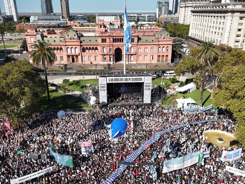A drone view shows people participating in a demonstration to mark the 50th anniversary of the 1976 military coup, at Plaza de Mayo square in Buenos Aires, Argentina March 24, 2026. REUTERS/Agustin Marcarian