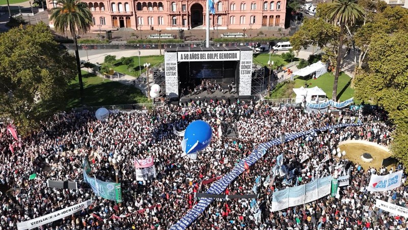A drone view shows people participating in a demonstration to mark the 50th anniversary of the 1976 military coup, at Plaza de Mayo square in Buenos Aires, Argentina March 24, 2026. REUTERS/Agustin Marcarian