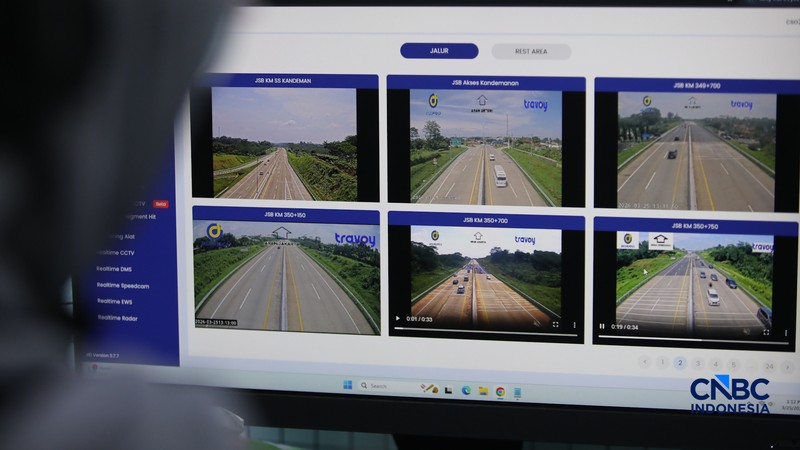 Direktur Utama PT Jasa Marga (Persero) Tbk Rivan Achmad Purwantono, Kapolri Jenderal Listyo Sigit Prabowo, Menko PMK Pratikno, dan Mehub Dudy Purwaghandi meninjau Jasa Marga Toll Road Command Center (JMTC) di Jatiasih, Bekasi, Jawa Barat, Rabu (25/3/2026). (CNBC Indonesia/Faisal Rahman)