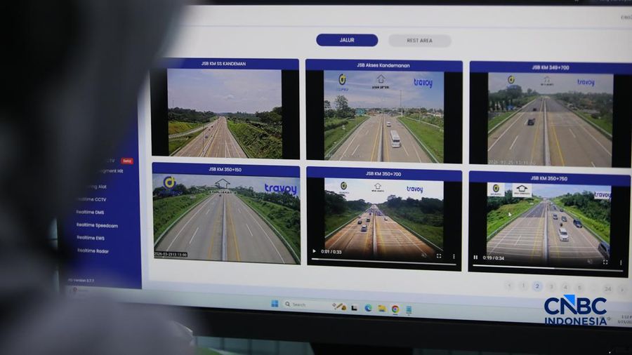 Direktur Utama PT Jasa Marga (Persero) Tbk Rivan Achmad Purwantono, Kapolri Jenderal Listyo Sigit Prabowo, Menko PMK Pratikno, dan Mehub Dudy Purwaghandi meninjau Jasa Marga Toll Road Command Center (JMTC) di Jatiasih, Bekasi, Jawa Barat, Rabu (25/3/2026). (CNBC Indonesia/Faisal Rahman)