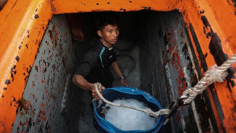 Fishermen transfer a container of catch from a trawler to a truck at a pier, as rising diesel prices have left many trawlers docked due to unprofitable operations, in Samut Sakhon province, Thailand, March 25, 2026, REUTERS/Chalinee Thirasupa     TPX IMAGES OF THE DAY