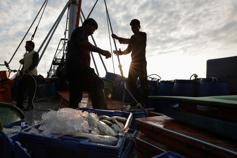 Fishermen transfer a container of catch from a trawler to a truck at a pier, as rising diesel prices have left many trawlers docked due to unprofitable operations, in Samut Sakhon province, Thailand, March 25, 2026, REUTERS/Chalinee Thirasupa     TPX IMAGES OF THE DAY