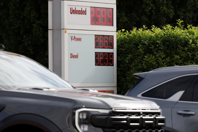 A blank fuel price board is displayed outside a Shell petrol station that ran out of fuel, in Sydney, Australia, March 30, 2026. REUTERS/Hollie Adams