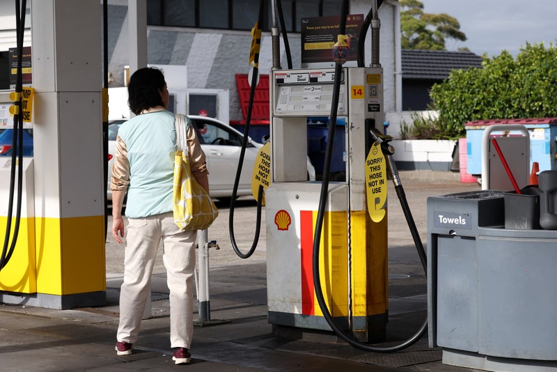A blank fuel price board is displayed outside a Shell petrol station that ran out of fuel, in Sydney, Australia, March 30, 2026. REUTERS/Hollie Adams